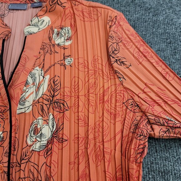 Laura Scott Large Floral Pleated Button-Up Coral Roses Short Sleeve Lightweight - Picture 2 of 9